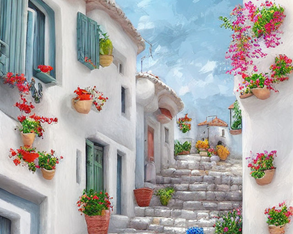 Stone Staircase in Quaint Village with White Walls & Blooming Flowers