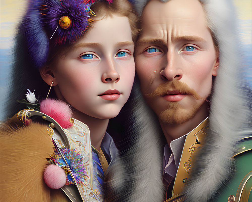 Stylized digital portrait of man and child in historical garments
