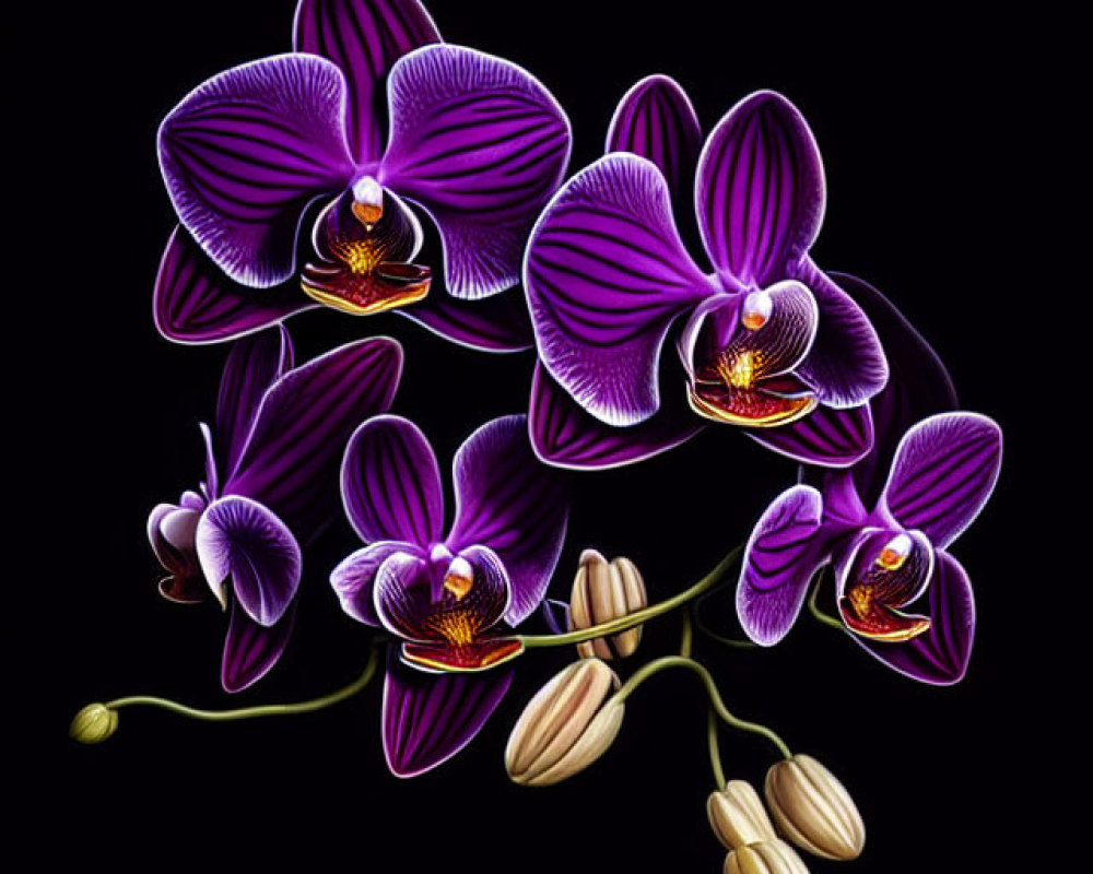 Detailed digital illustration of vibrant purple orchids on a dark background