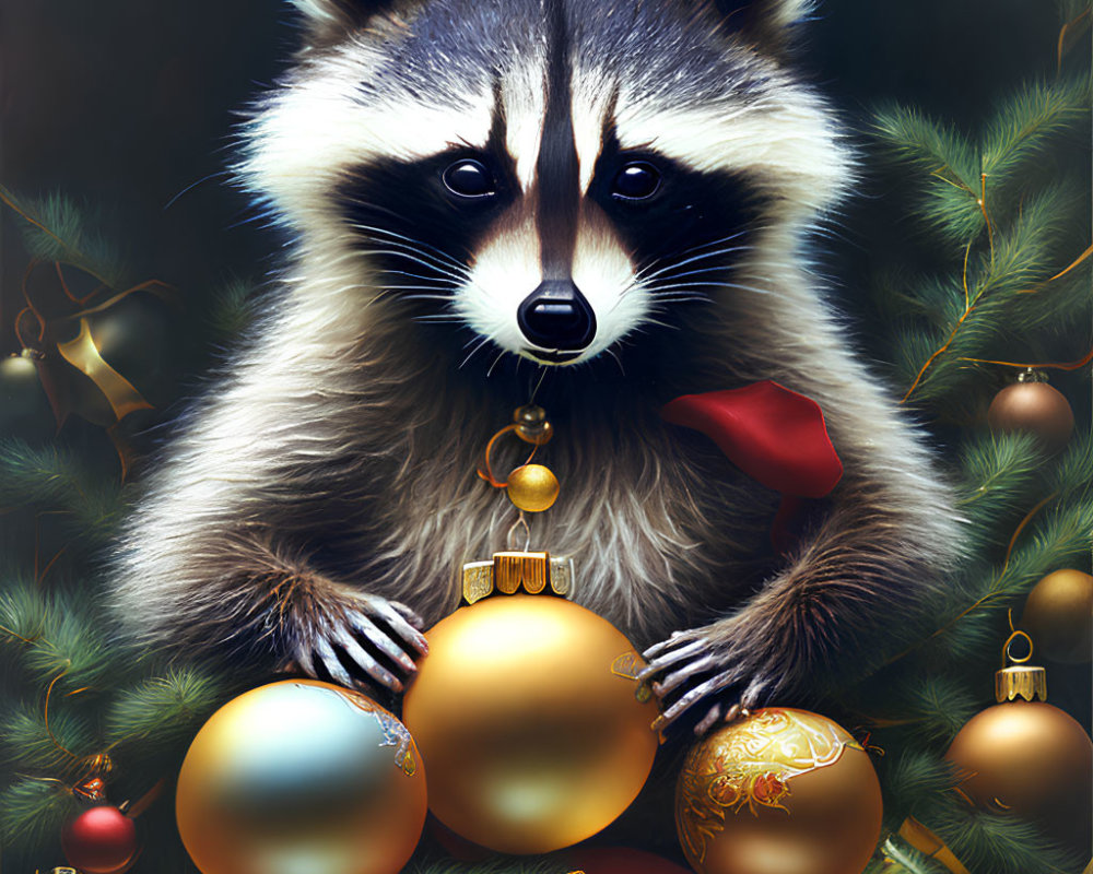 Raccoon with gold Christmas ornaments in festive setting