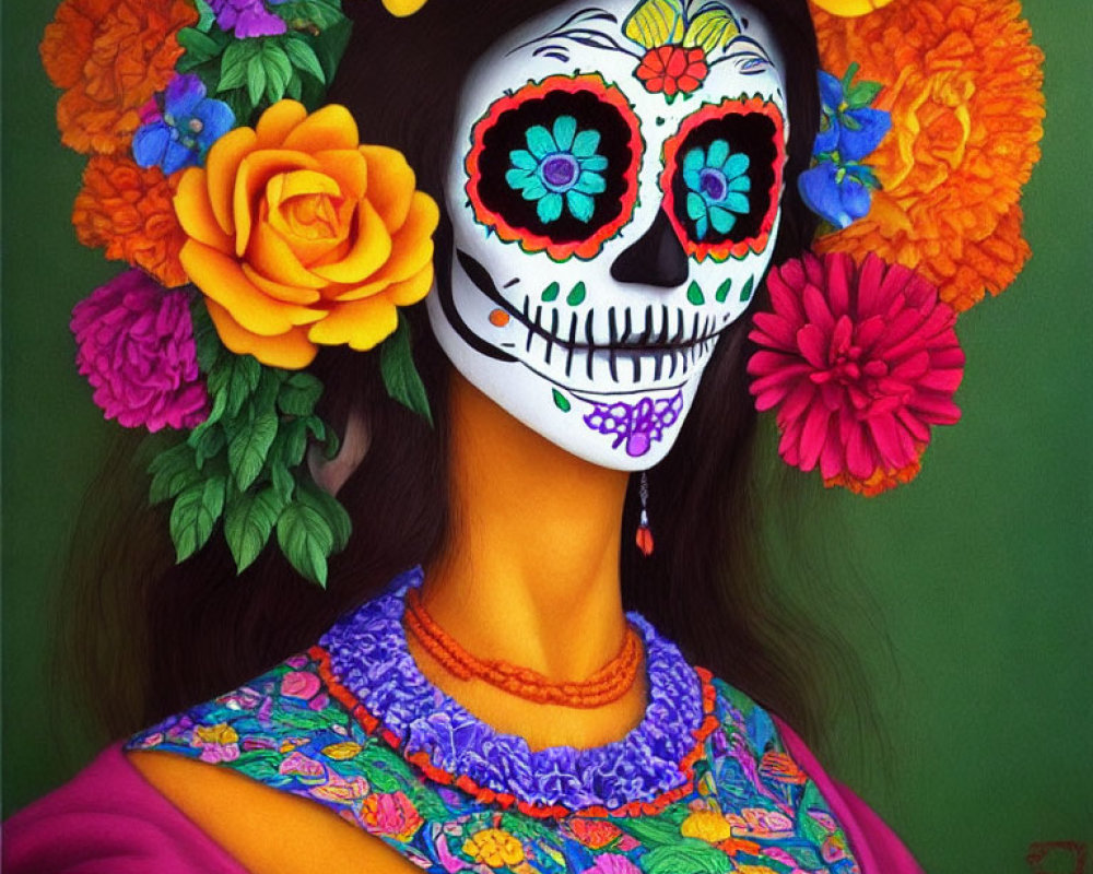 Colorful Dia de los Muertos painting: person with skull face paint, floral crown, traditional blouse