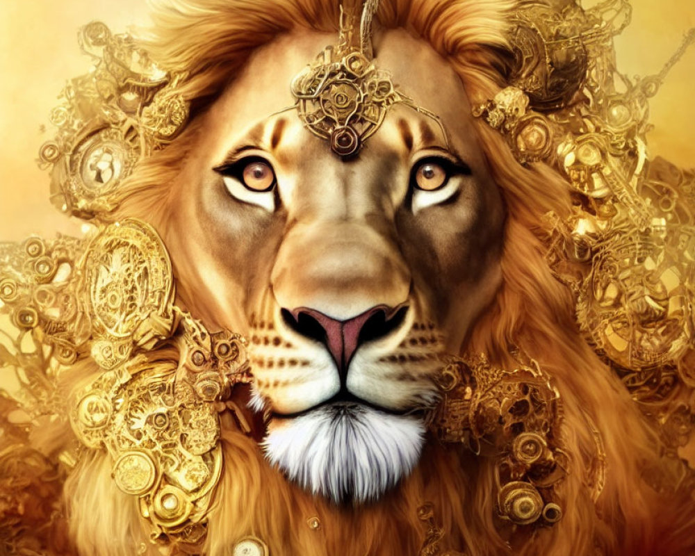 Mechanical lion with golden gears on warm backdrop