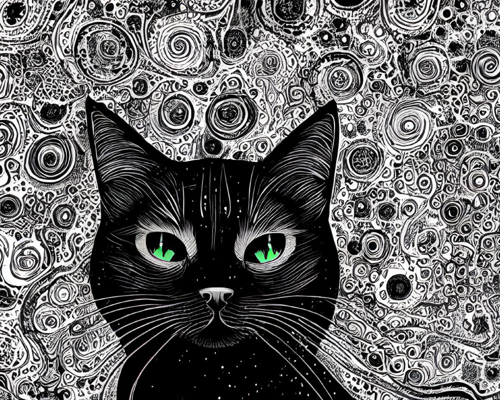 Black Cat with Green Eyes on Paisley Swirl Background