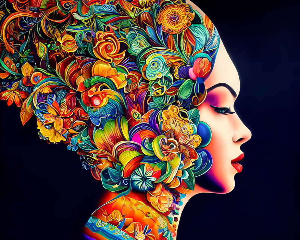 Colorful Floral Patterns Adorn Woman in Profile Artwork