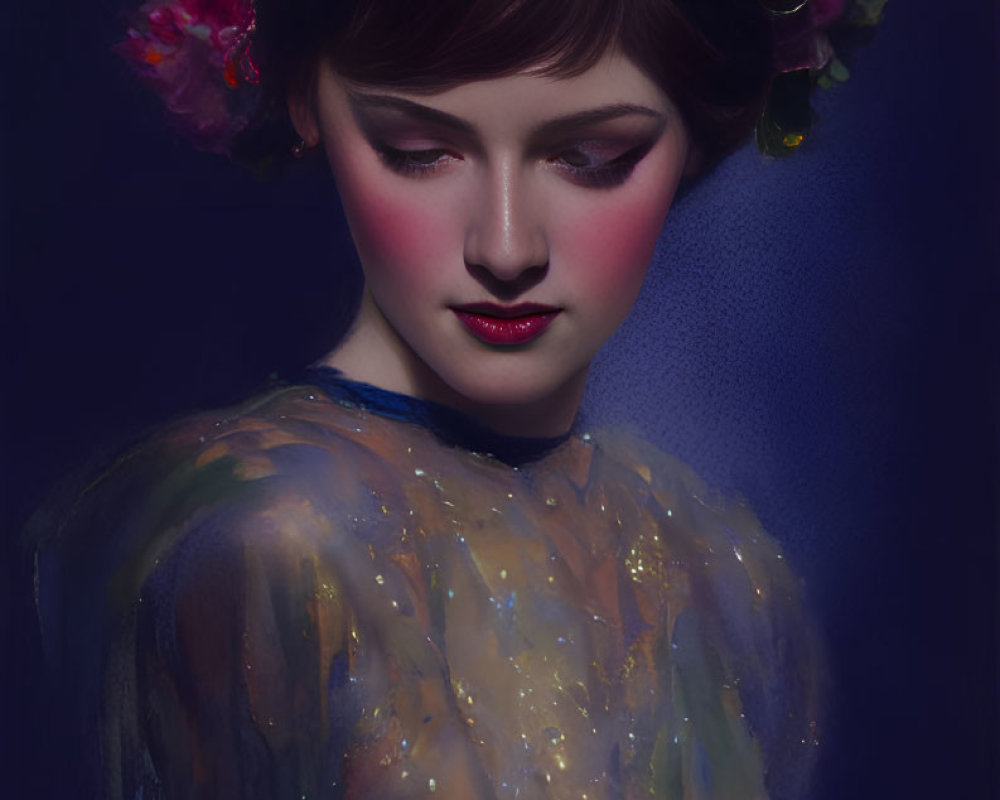 Digital painting of woman with flower crown, rosy cheeks, and starry dress on dark background