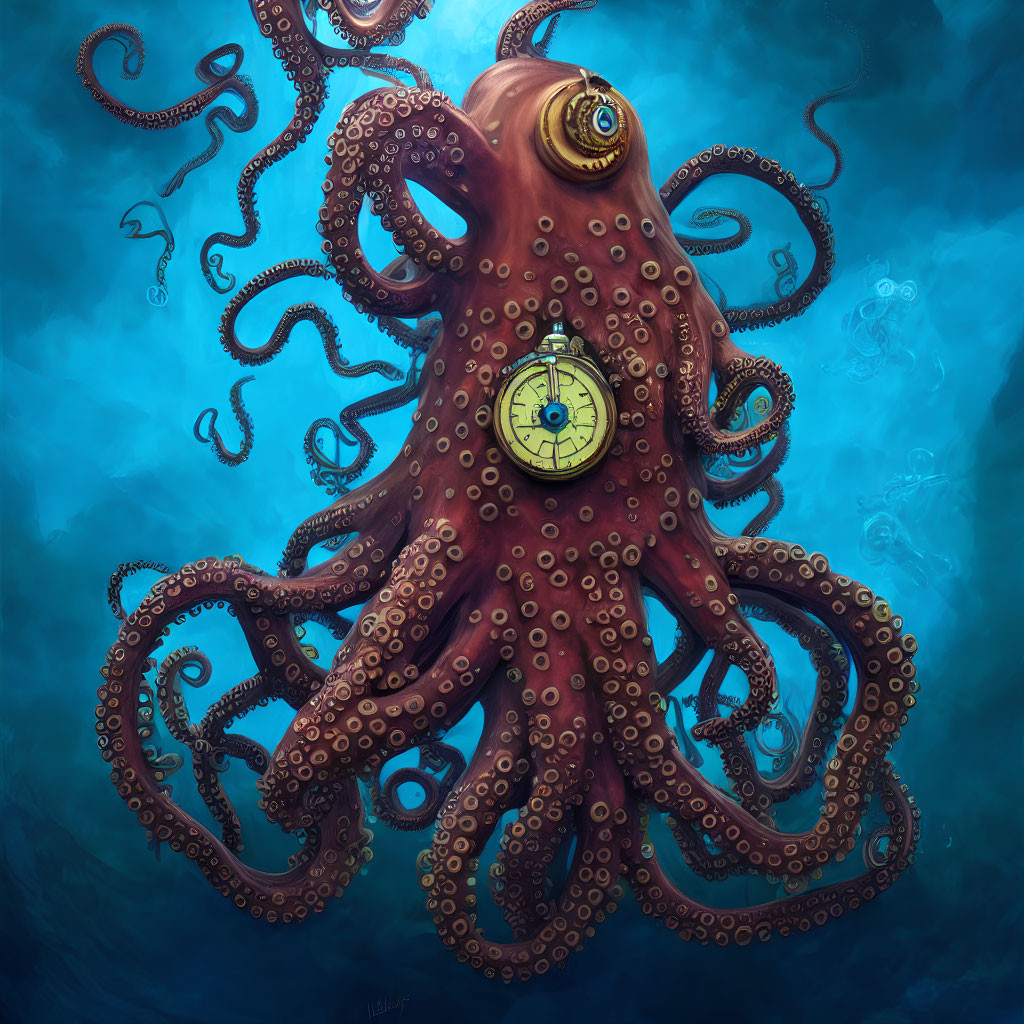 Steampunk octopus with clock head in blue underwater scene