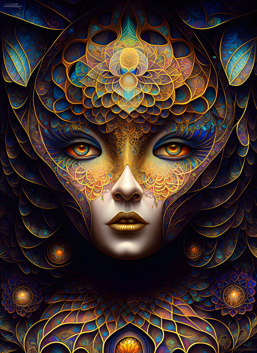 Colorful Mandala Patterned Female Face Illustration in Blues, Golds, and Oranges