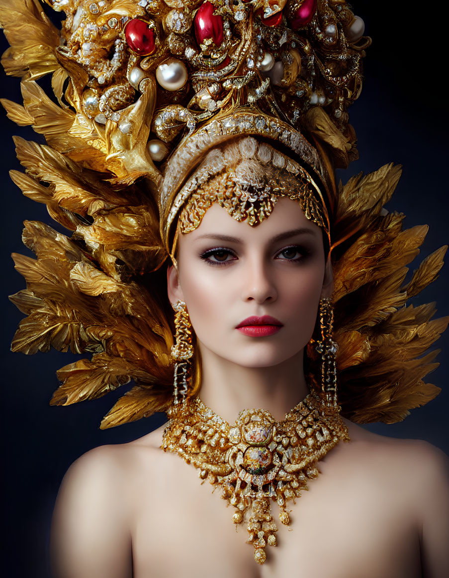 Elaborate golden headdress and jewelry on stern woman portrait