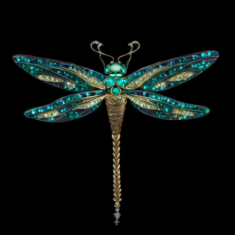 Gold Dragonfly Brooch with Turquoise and Diamond Accents on Black Background