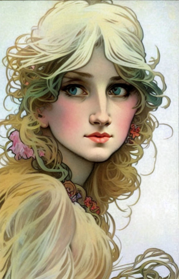 Stylized portrait of young woman with blonde hair and floral accents