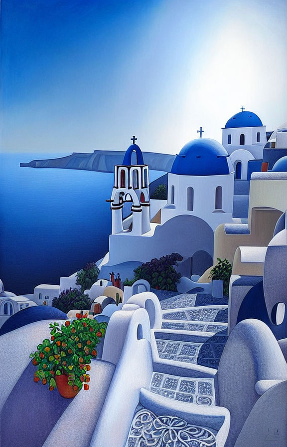 Santorini Painting: Blue Domes, White Buildings, Cobalt Sea