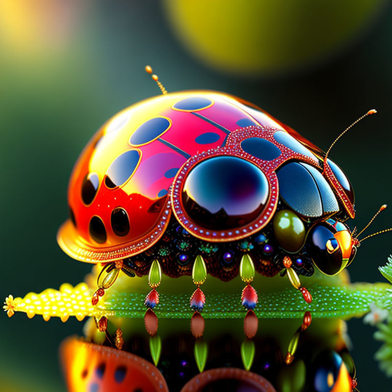 Colorful ladybug illustration with gem-adorned shell on leaf