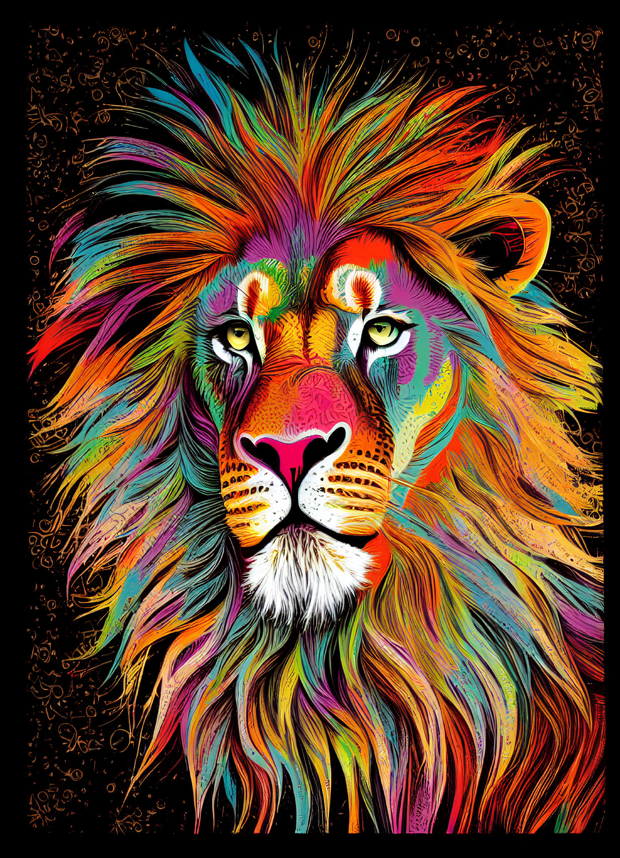 Colorful Lion Head Illustration on Dark Background