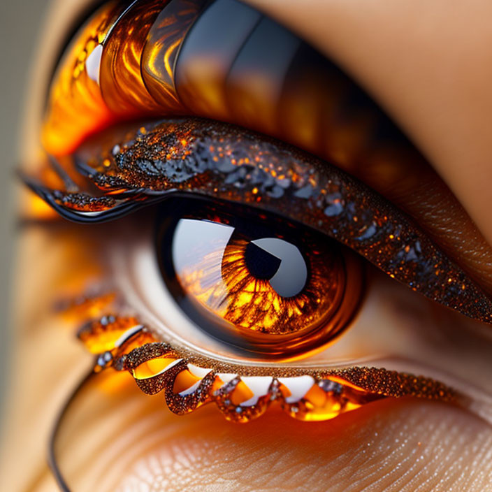 Artistic close-up of stylized eye with golden glitter makeup and fiery hues