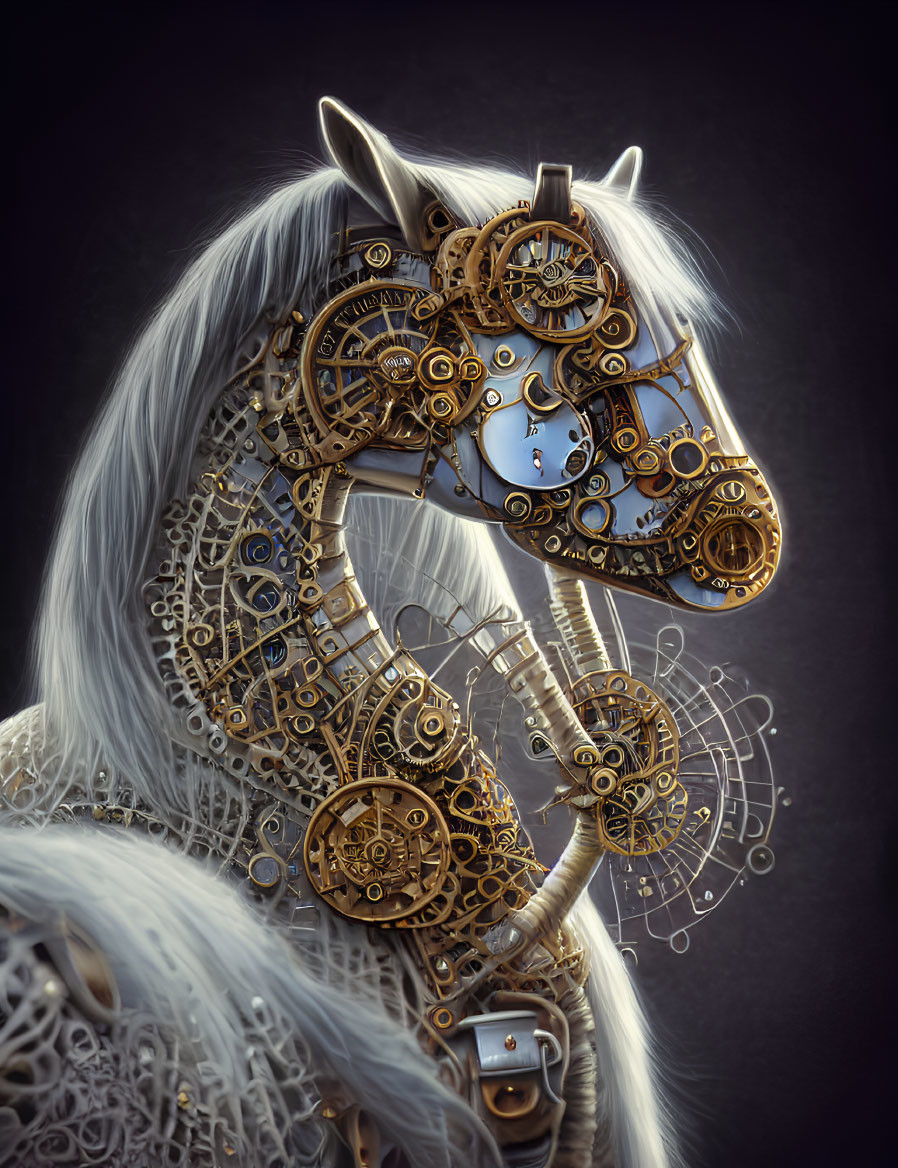 Intricate steampunk horse with clockwork head and dark background