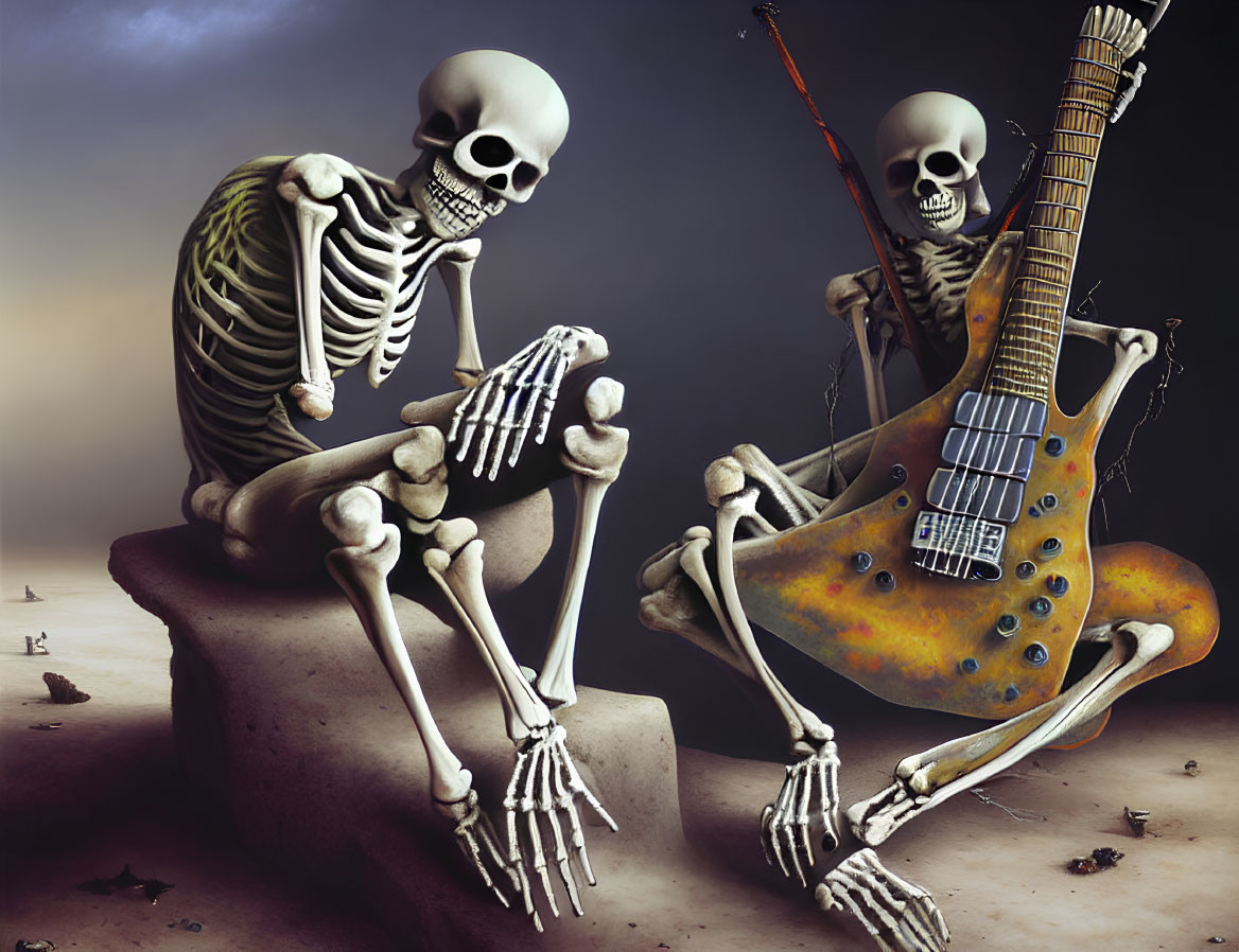 Surreal image of two skeletons, one with guitar, the other deep in thought
