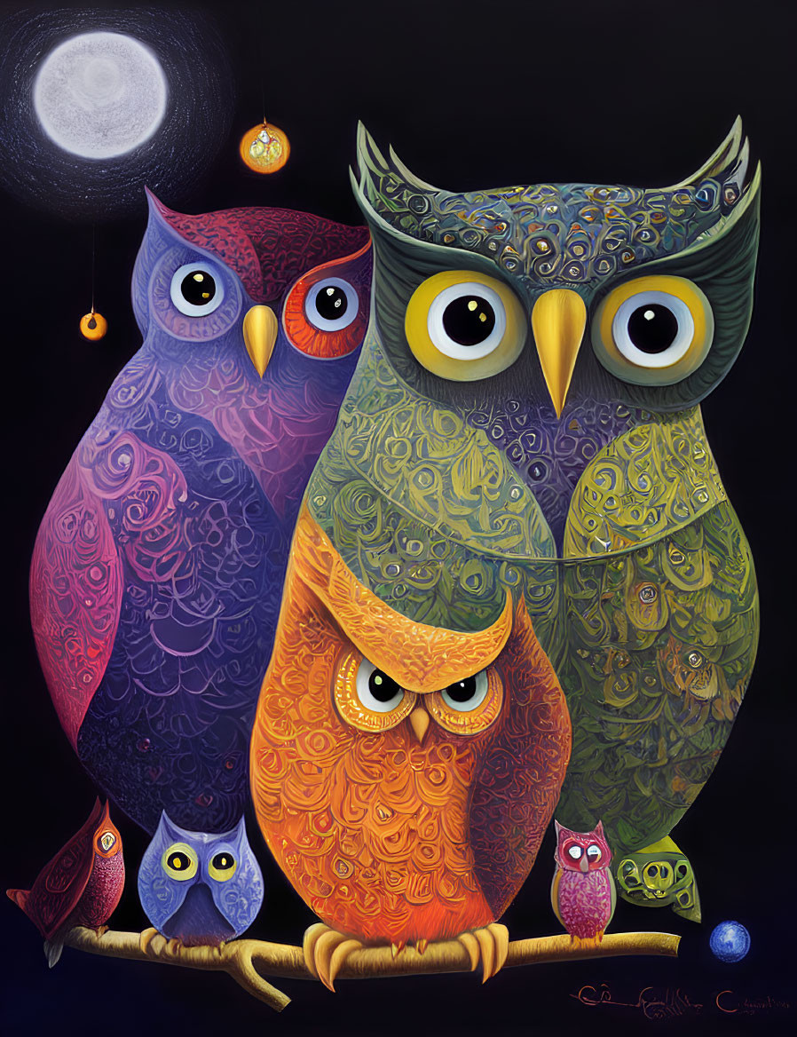 Vibrant owl illustration on branch with moon and ornament