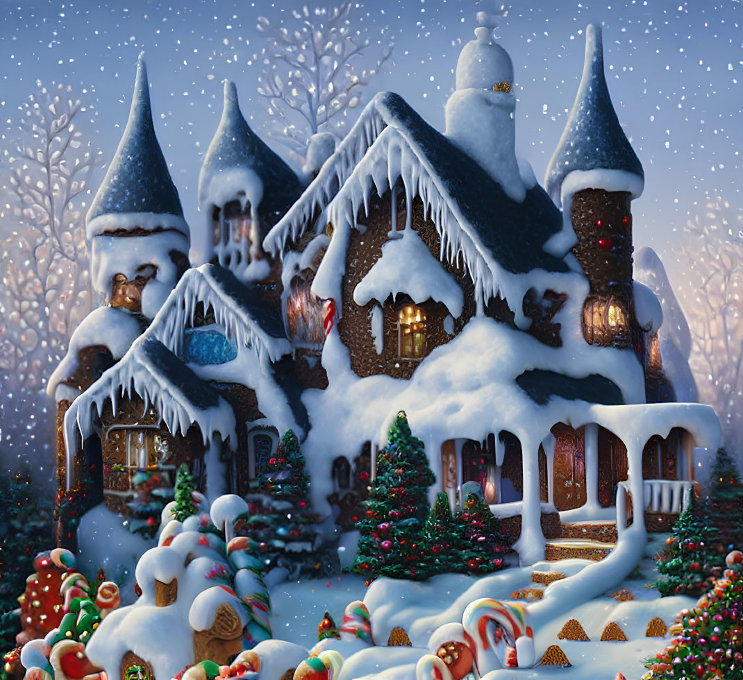 Snow-covered cottage with turrets in winter forest with festive decorations