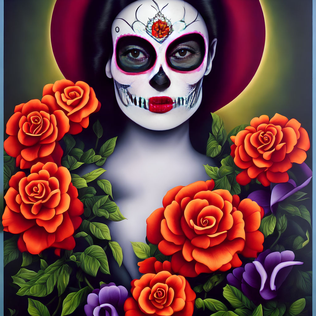 Person with Painted Skull Face Surrounded by Red and Purple Flowers and Hat on Dark Background