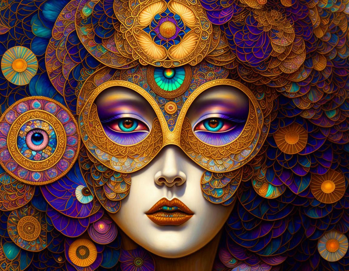 Colorful digital artwork: Masked woman with purple eyes and peacock feather motifs