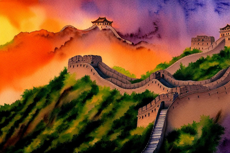 Great Wall of China Illustration: Vibrant Sunset Colors & Lush Greenery