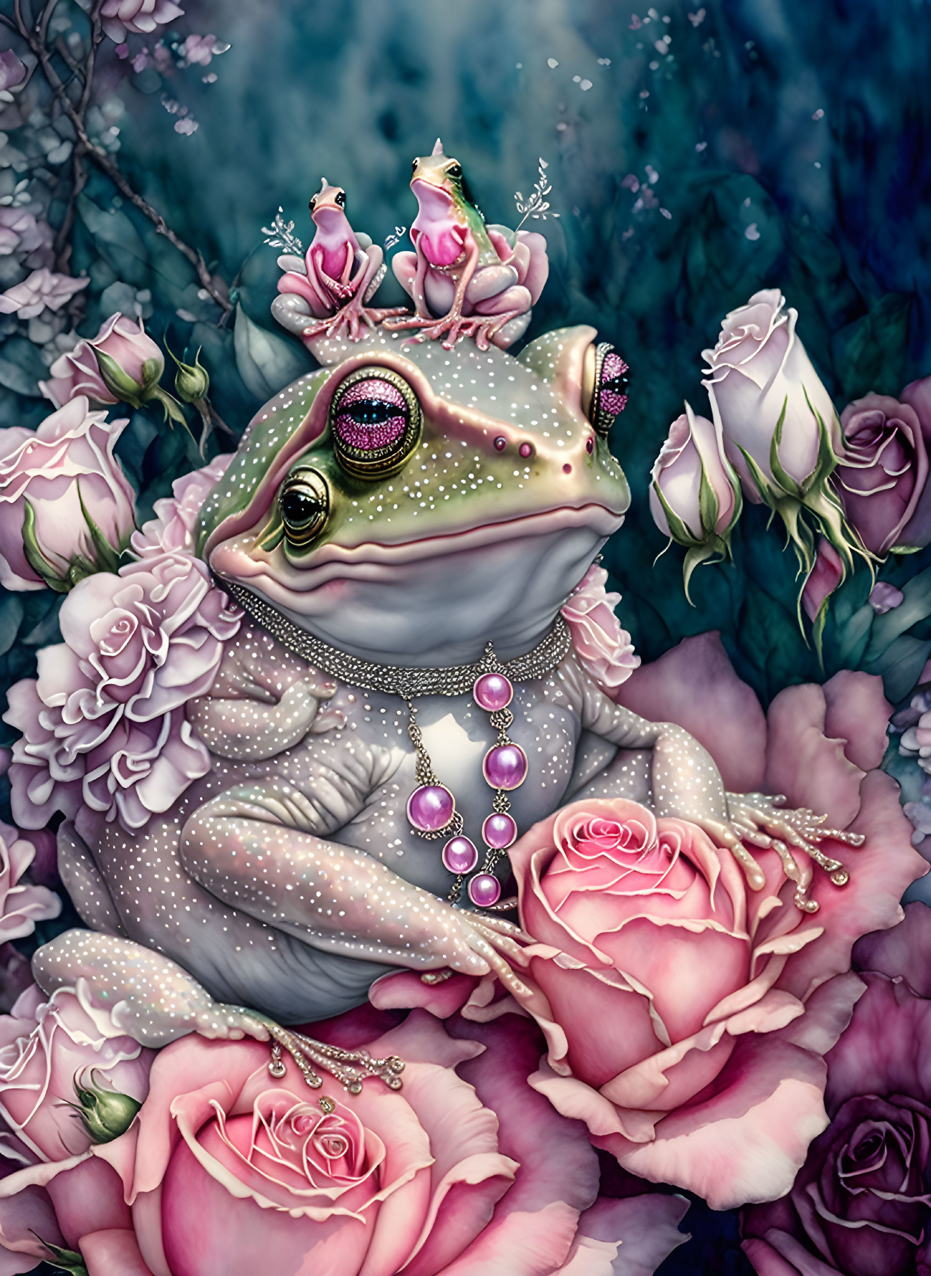 Whimsical frog with crown and necklace in pink rose setting
