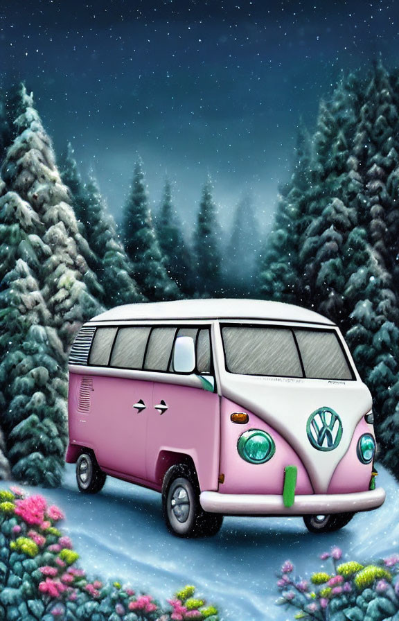 Pink vintage Volkswagen van in snowy landscape with evergreen trees under starry night sky
