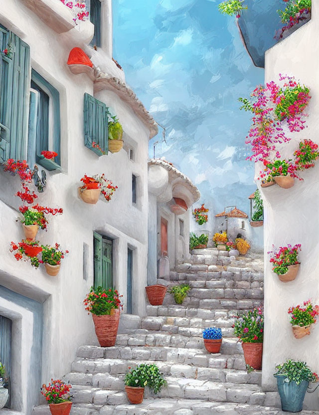 Stone Staircase in Quaint Village with White Walls & Blooming Flowers