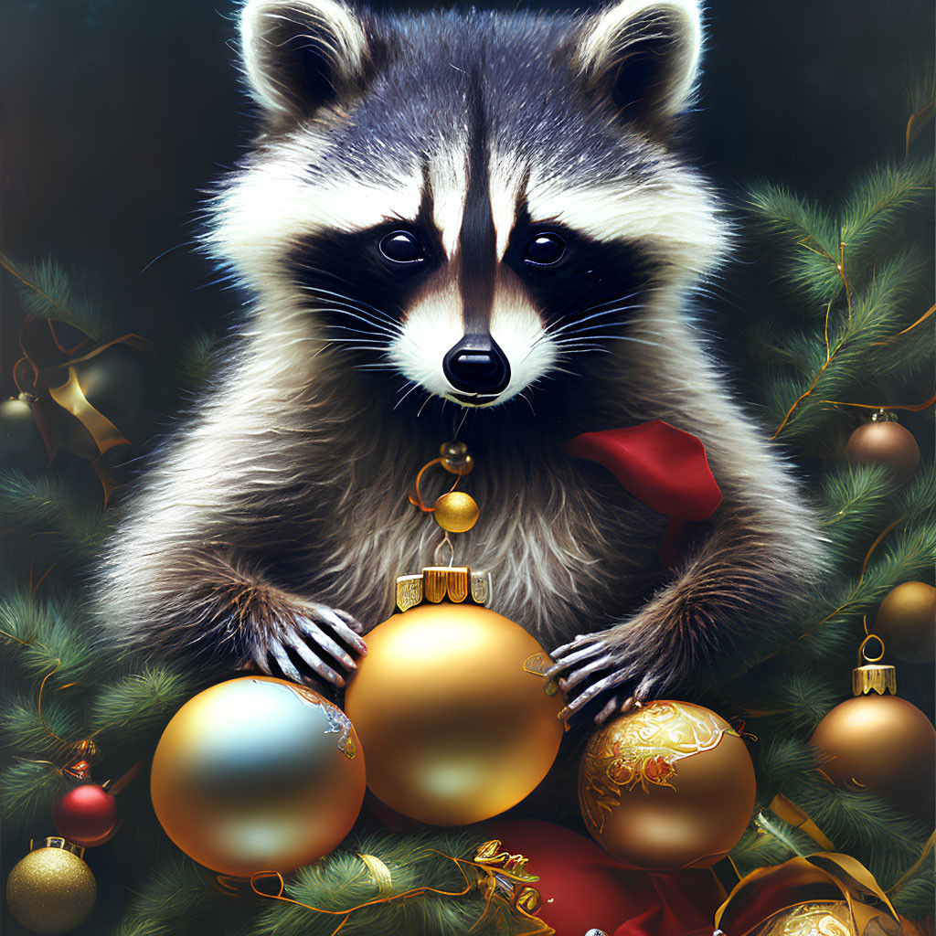 Raccoon with gold Christmas ornaments in festive setting