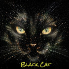 Intricately designed black cats with golden accents and jewelry on dark background