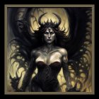 Dark-haired woman in horned headdress with roses in gothic fantasy art