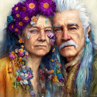 Detailed digital artwork of young woman and older man in vibrant, colorful attire