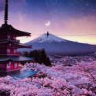 Traditional Japanese Pagoda with Cherry Blossoms, Mount Fuji, and Starry Night Sky