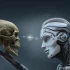 Detailed Digital Art: Gold and Silver Robotic Heads Facing Each Other
