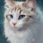 Fluffy kitten with blue eyes and brown-striped fur on blue and white background