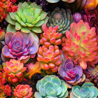Colorful succulent plants illustration with fantasy-like details in reds, greens, blues, and pur