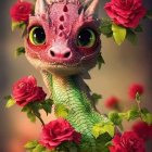 Whimsical dragon with pink scales in a garden scene