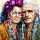Elderly couple with colorful flowers in hair sharing affectionate moment