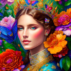 Colorful woman with floral crown and butterflies in bejeweled blue dress