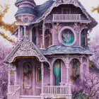 Violet fairytale castle with pink blooming trees and ornate details