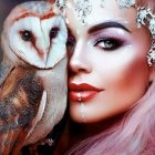 Surreal portrait of woman with owl wearing silver jewelry