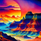 Surreal landscape with layered mesas and vibrant patterns