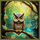 Colorful Stylized Owl Perched on Branch with Vibrant Plumage