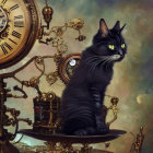 Black and white cat on steampunk-inspired structure with gears and clock in cloudy sky