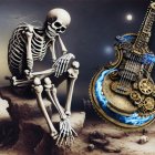 Surreal image of two skeletons, one with guitar, the other deep in thought