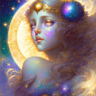 Woman with flowing hair, flowers, and butterflies under a glowing moon.
