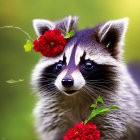 Illustration of anthropomorphic raccoon with floral headpiece in lush setting