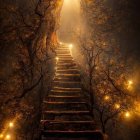Ethereal staircase in luminous portal among golden-leaved trees