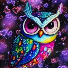 Colorful Stylized Owl Illustration with Swirling Designs and Intense Gaze