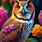 Colorful Owl Artwork with Floral Background in Digital Format